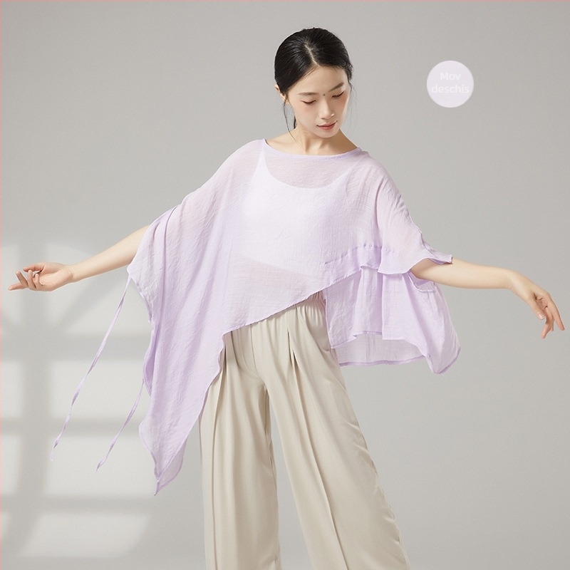 Top de dans pentru femei, stil chinezesc, din voal de plasă cu protecție solară, material viscose cu căptușeală de bumbac, potrivit pentru toate sezoanele, pentru scenă și dans modern de stradă