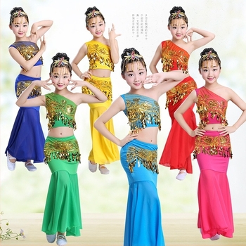 Costum de dans etnic pentru copii — dansul păunului, fustă cu coadă de pește și fustă Belly Dance, mătase; material principal: 50% acrilic