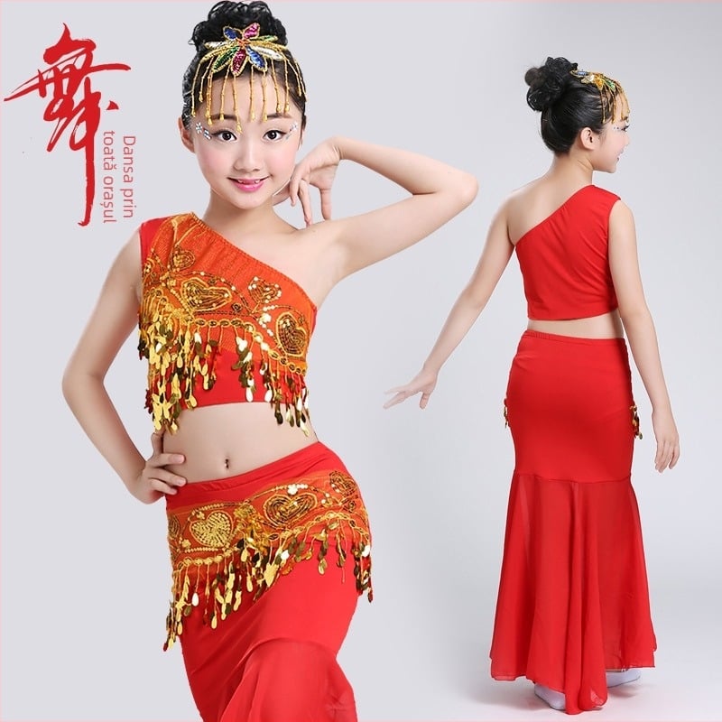 Costum de dans etnic pentru copii — dansul păunului, fustă cu coadă de pește și fustă Belly Dance, mătase; material principal: 50% acrilic