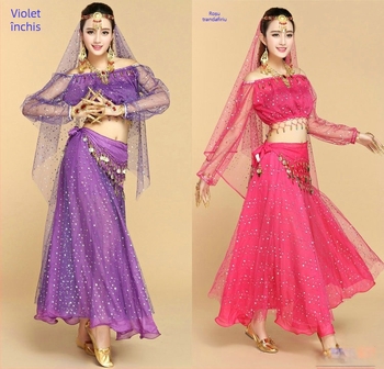 Set de costum indian pentru adulți, top cu mâneci lungi cu buline colorate și fustă de belly dance, pentru repetiții și representații