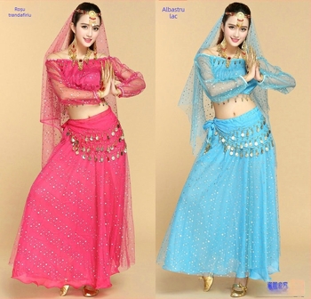 Set de costum indian pentru adulți, top cu mâneci lungi cu buline colorate și fustă de belly dance, pentru repetiții și representații