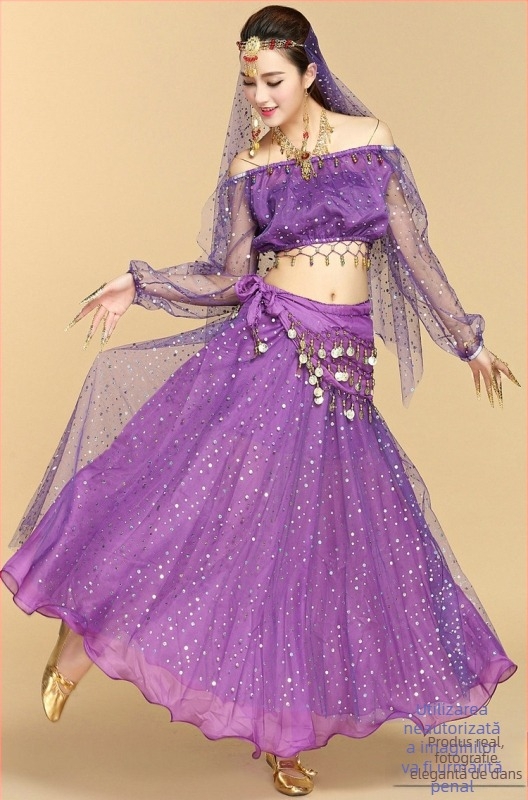 Set de costum indian pentru adulți, top cu mâneci lungi cu buline colorate și fustă de belly dance, pentru repetiții și representații