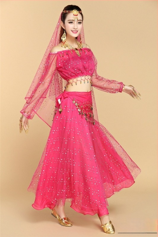Set de costum indian pentru adulți, top cu mâneci lungi cu buline colorate și fustă de belly dance, pentru repetiții și representații