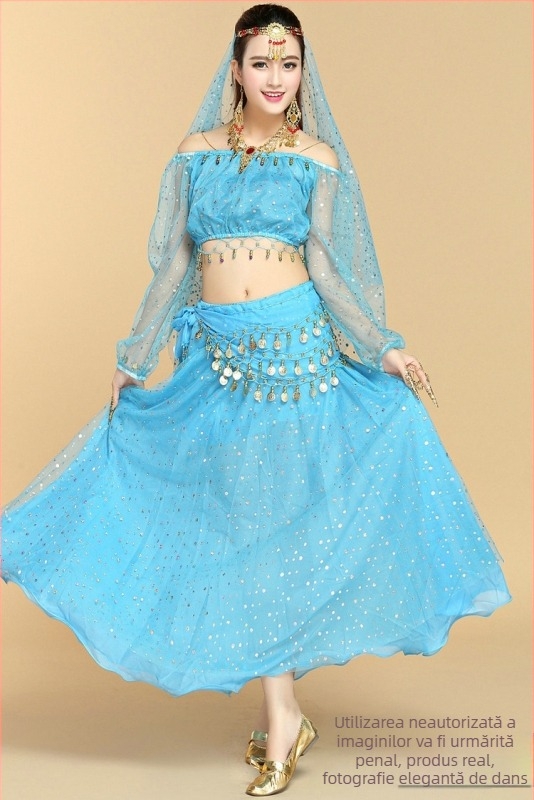 Set de costum indian pentru adulți, top cu mâneci lungi cu buline colorate și fustă de belly dance, pentru repetiții și representații