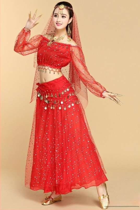 Set de costum indian pentru adulți, top cu mâneci lungi cu buline colorate și fustă de belly dance, pentru repetiții și representații