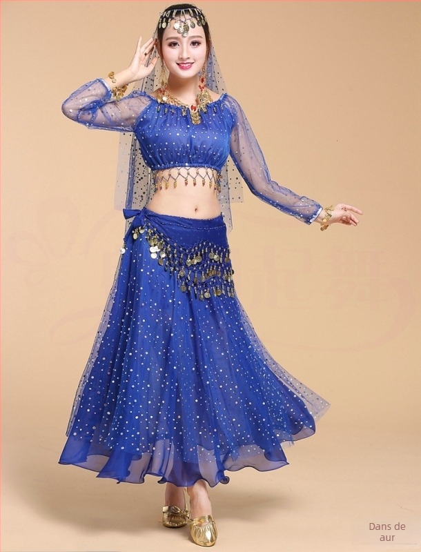 Set de costum indian pentru adulți, top cu mâneci lungi cu buline colorate și fustă de belly dance, pentru repetiții și representații