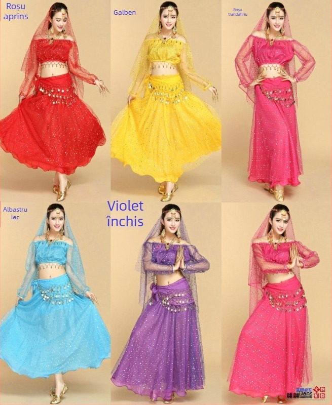 Set de costum indian pentru adulți, top cu mâneci lungi cu buline colorate și fustă de belly dance, pentru repetiții și representații