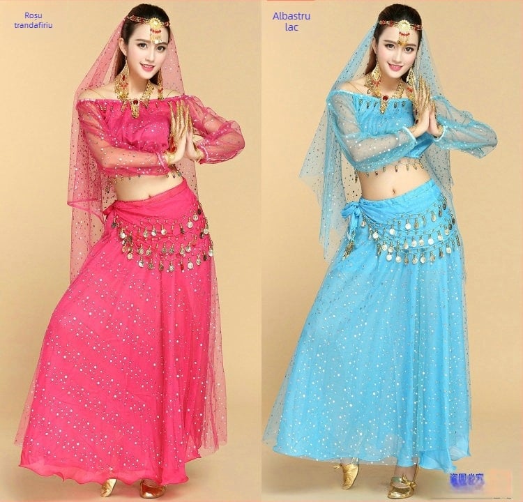Set de costum indian pentru adulți, top cu mâneci lungi cu buline colorate și fustă de belly dance, pentru repetiții și representații