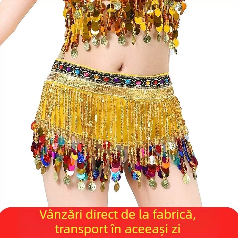 Colier talie pentru belly dance – șifon, paiete cu franjuri, curea circulară simplă, Dancer