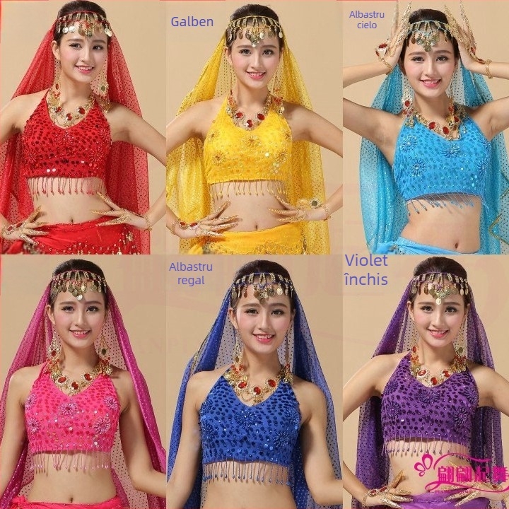Costum de dans belly dance cu top din chiffon și sutien, costum de dans tradițional pentru adulți, căptușeală poliester