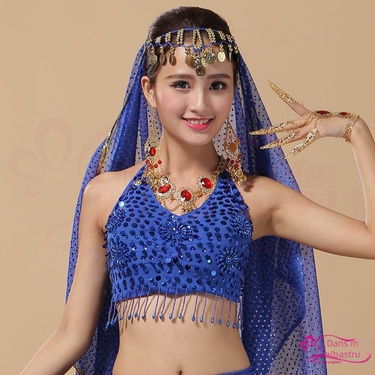 Costum de dans belly dance cu top din chiffon și sutien, costum de dans tradițional pentru adulți, căptușeală poliester