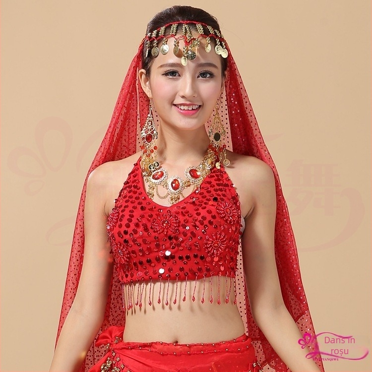 Costum de dans belly dance cu top din chiffon și sutien, costum de dans tradițional pentru adulți, căptușeală poliester