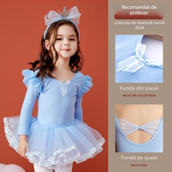 Rochie de dans pentru copii, cu mâneci lungi și fustă tutu, țesătură TR, PVC material principal, conținut 90–95%, stil chinezesc, retro literar, Primăvara 2025