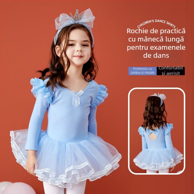 Rochie de dans pentru copii, cu mâneci lungi și fustă tutu, țesătură TR, PVC material principal, conținut 90–95%, stil chinezesc, retro literar, Primăvara 2025