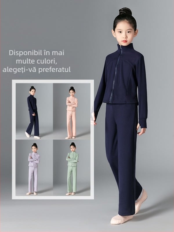 Set de dans pentru copii din velur, cu mâneci lungi, pentru toamnă–iarna; haine de balet pentru practică pentru fetițe; set de dans chinezesc din două piese, pentru sport și yoga