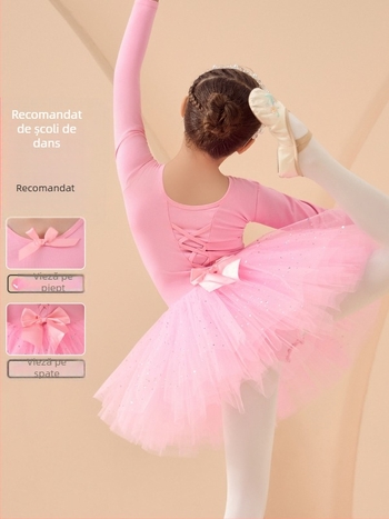 Rochie de balet pentru copii pentru repetiții, mâneci lungi și fustă tutu, din bumbac 95%, stil coreean, pentru copii 3–8 ani