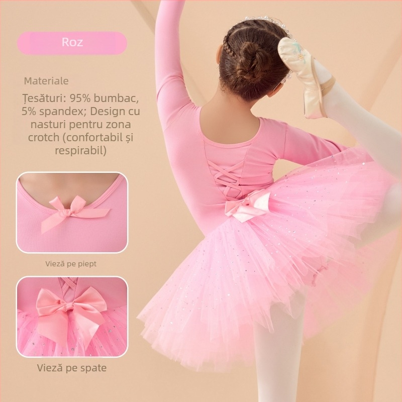 Rochie de balet pentru copii pentru repetiții, mâneci lungi și fustă tutu, din bumbac 95%, stil coreean, pentru copii 3–8 ani