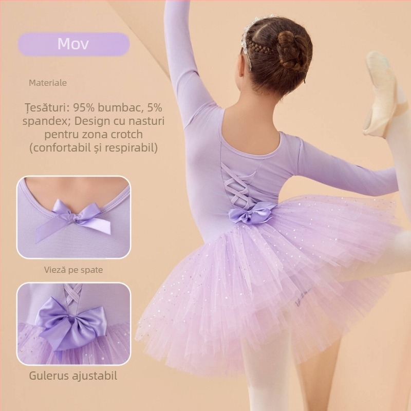 Rochie de balet pentru copii pentru repetiții, mâneci lungi și fustă tutu, din bumbac 95%, stil coreean, pentru copii 3–8 ani