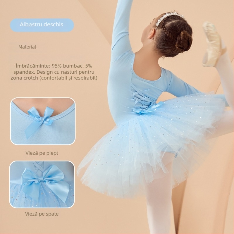 Rochie de balet pentru copii pentru repetiții, mâneci lungi și fustă tutu, din bumbac 95%, stil coreean, pentru copii 3–8 ani
