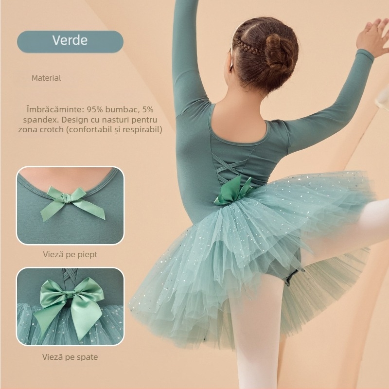 Rochie de balet pentru copii pentru repetiții, mâneci lungi și fustă tutu, din bumbac 95%, stil coreean, pentru copii 3–8 ani