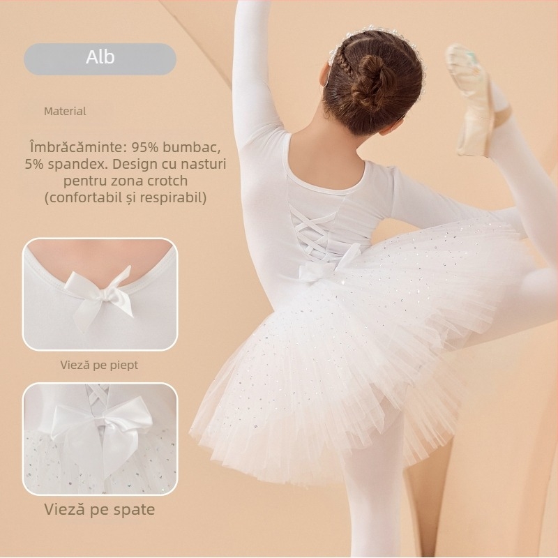 Rochie de balet pentru copii pentru repetiții, mâneci lungi și fustă tutu, din bumbac 95%, stil coreean, pentru copii 3–8 ani