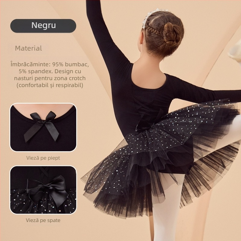 Rochie de balet pentru copii pentru repetiții, mâneci lungi și fustă tutu, din bumbac 95%, stil coreean, pentru copii 3–8 ani