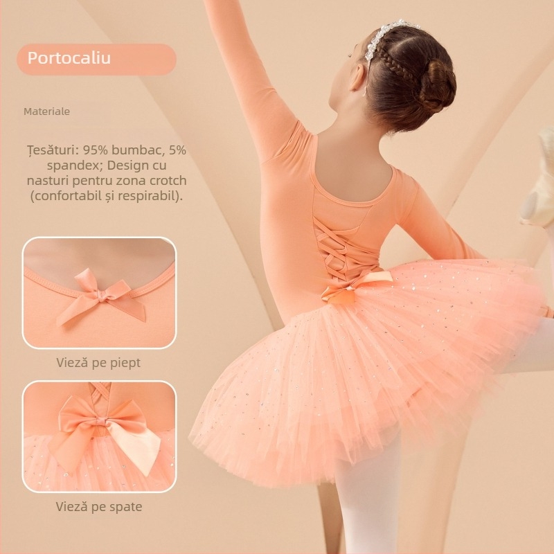 Rochie de balet pentru copii pentru repetiții, mâneci lungi și fustă tutu, din bumbac 95%, stil coreean, pentru copii 3–8 ani