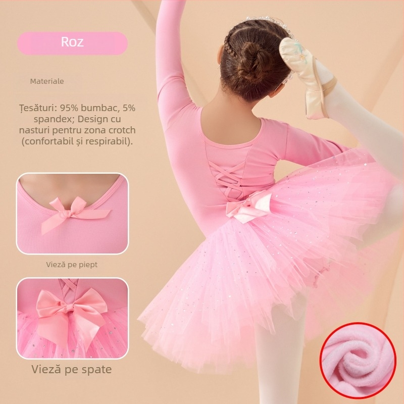 Rochie de balet pentru copii pentru repetiții, mâneci lungi și fustă tutu, din bumbac 95%, stil coreean, pentru copii 3–8 ani