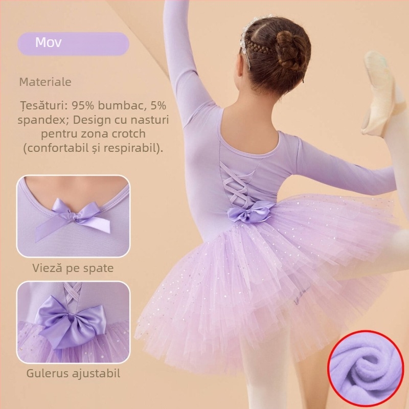 Rochie de balet pentru copii pentru repetiții, mâneci lungi și fustă tutu, din bumbac 95%, stil coreean, pentru copii 3–8 ani