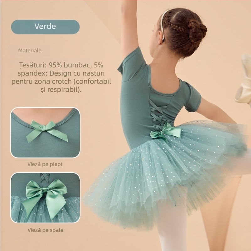 Rochie de balet pentru copii pentru repetiții, mâneci lungi și fustă tutu, din bumbac 95%, stil coreean, pentru copii 3–8 ani