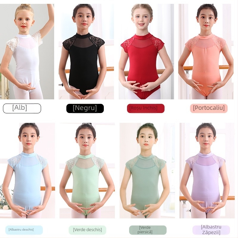 Body de dans pentru fetițe cu dantelă și plasă, vară, 95% bumbac, stil dulce