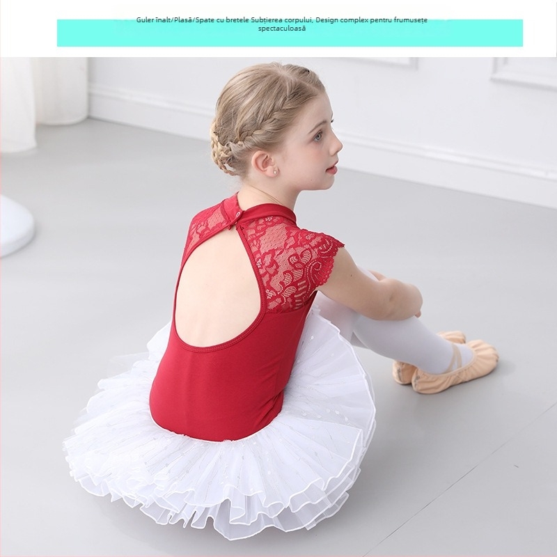 Body de dans pentru fetițe cu dantelă și plasă, vară, 95% bumbac, stil dulce