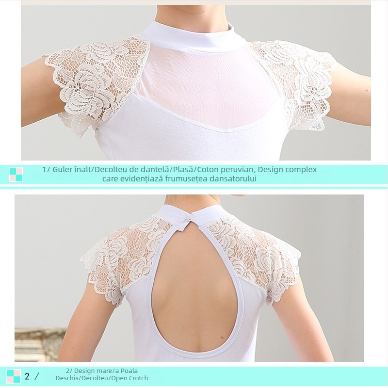 Body de dans pentru fetițe cu dantelă și plasă, vară, 95% bumbac, stil dulce