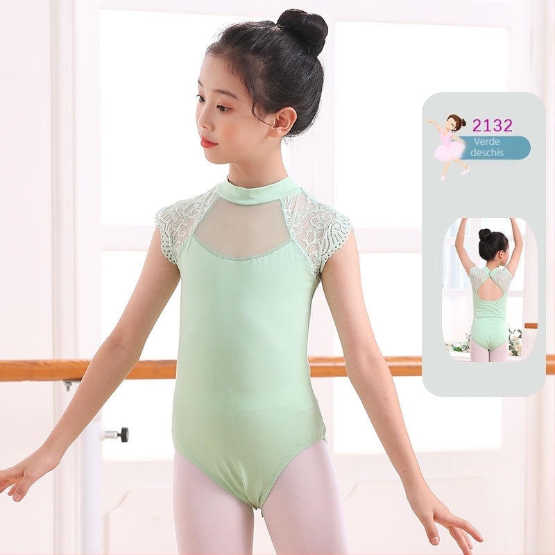 Body de dans pentru fetițe cu dantelă și plasă, vară, 95% bumbac, stil dulce