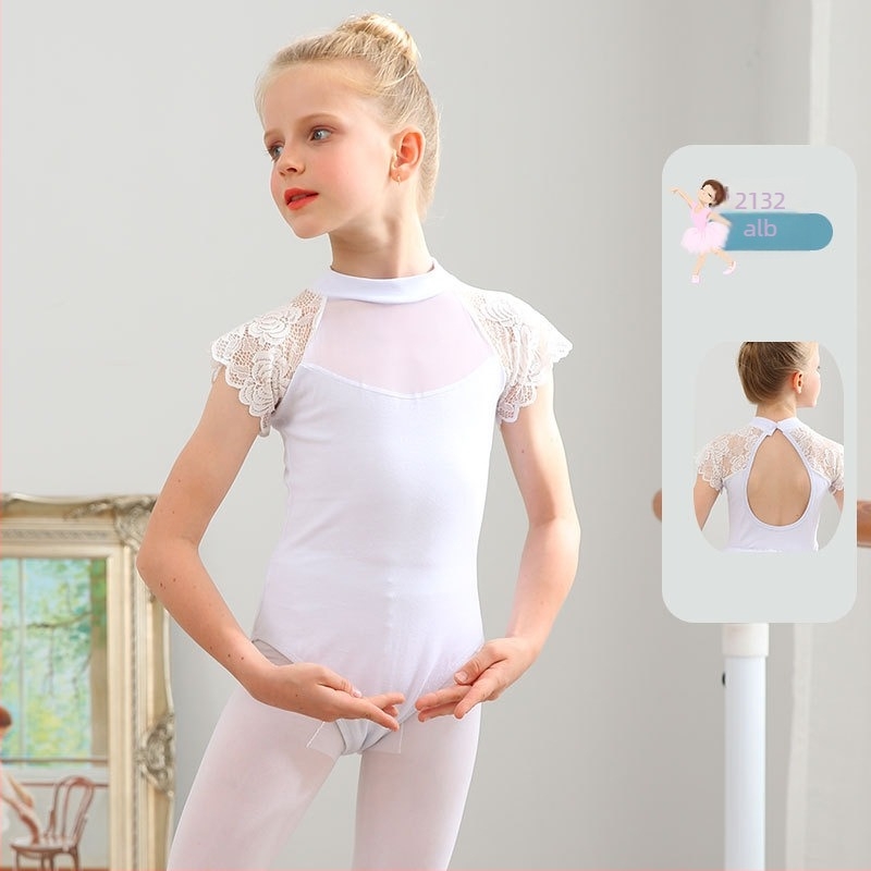 Body de dans pentru fetițe cu dantelă și plasă, vară, 95% bumbac, stil dulce