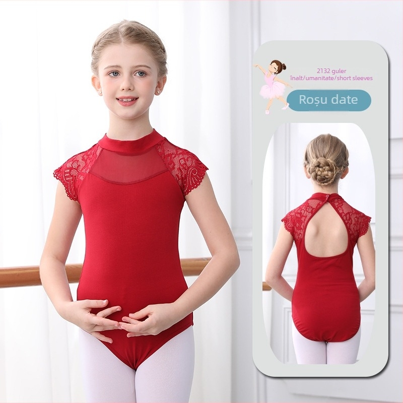 Body de dans pentru fetițe cu dantelă și plasă, vară, 95% bumbac, stil dulce