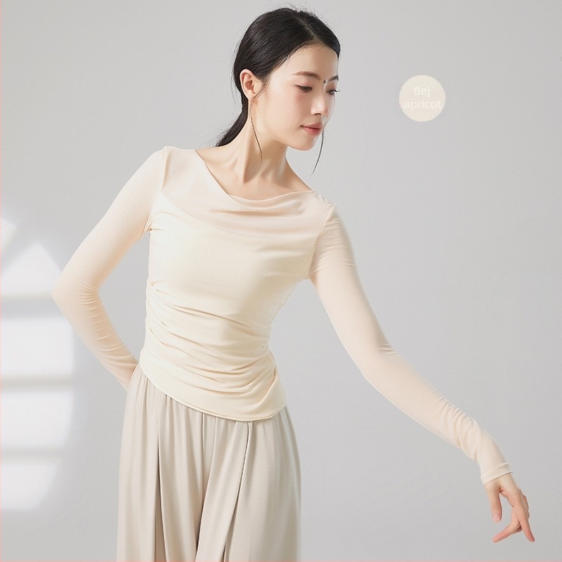 Top de dans modern: croi slim, mâneci lungi, din plasă; compoziție 95% Nylon, căptușeală din viscoză 93%, culoare solidă