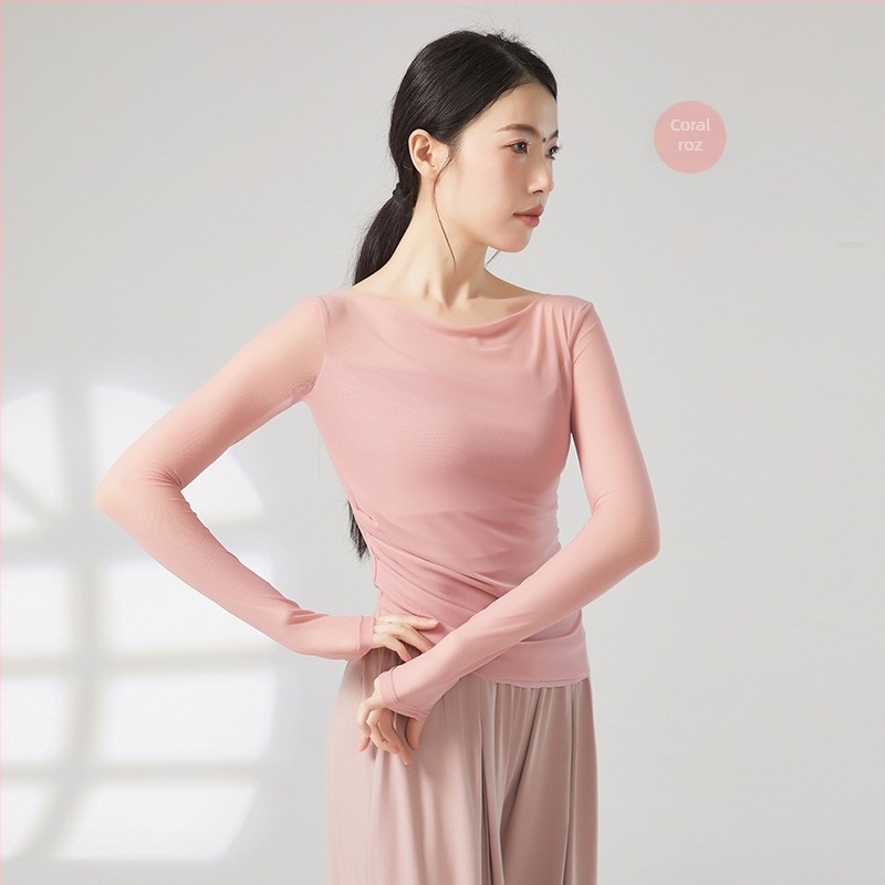 Top de dans modern: croi slim, mâneci lungi, din plasă; compoziție 95% Nylon, căptușeală din viscoză 93%, culoare solidă