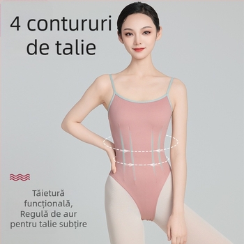 Body balet dintr-o singură piesă pentru femei adulte, cu gât înalt și fără spate; Material: nailon; Compoziție: poliester 86%; Captușeală: spandex; Potrivit pentru balet și gimnastică