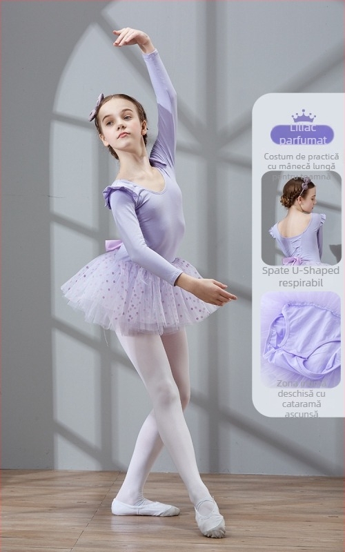 Rochie de balet pentru copii cu mâneci scurte și funda pe spate; material bumbac 94%; stil prințesă; pentru vârsta 3–8 ani; vară