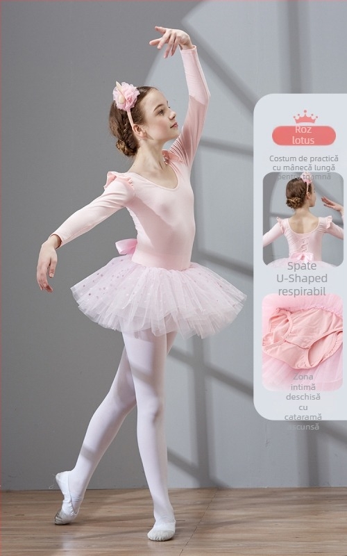 Rochie de balet pentru copii cu mâneci scurte și funda pe spate; material bumbac 94%; stil prințesă; pentru vârsta 3–8 ani; vară