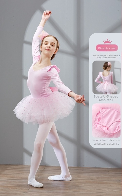 Rochie de balet pentru copii cu mâneci scurte și funda pe spate; material bumbac 94%; stil prințesă; pentru vârsta 3–8 ani; vară