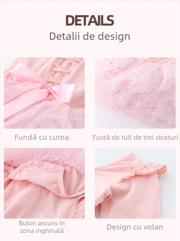 Rochie de balet pentru copii cu mâneci scurte și funda pe spate; material bumbac 94%; stil prințesă; pentru vârsta 3–8 ani; vară