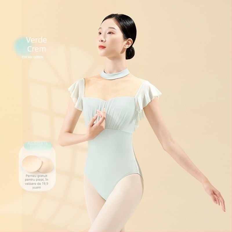 Îmbrăcăminte de dans pentru femei, body balet cu mâneci scurte, fără spate, guler înalt, primăvara 2025; țesătură TR; PVC ≤ 30%