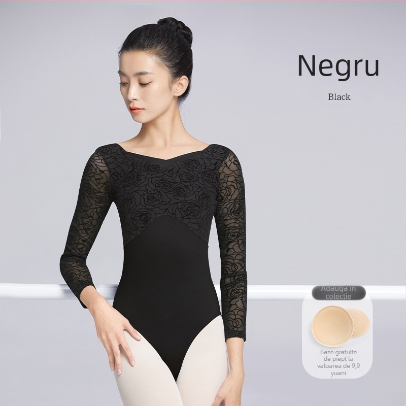 Body de balet pentru antrenament, mâneci lungi, țesătură nailon, 75% nailon, pentru dans modern (mâneci lungi; nailon; 75% nailon; femei adulte)