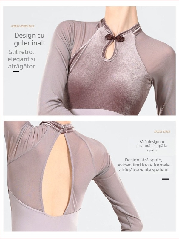 Salopetă de balet pentru adulți, mânecă lungă, design din catifea cu detaliu de picur de apă, material nylon cu căptușeală Spandex