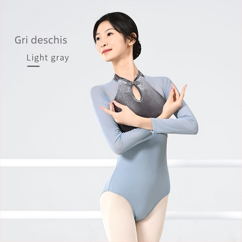 Salopetă de balet pentru adulți, mânecă lungă, design din catifea cu detaliu de picur de apă, material nylon cu căptușeală Spandex