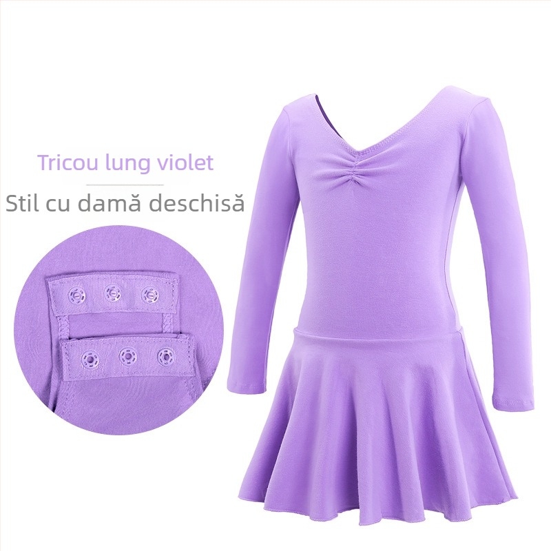 Costum de balet pentru copii, salopetă cu mânecă lungă pentru reprezentații și antrenamente, țesătură bumbac-elastan, 95% bumbac, stil prințesă