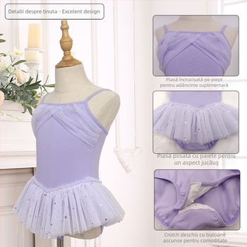 Rochie de balet pentru copii pentru antrenament cu panouri din plasă cu paiete, bumbac tratat, pentru 3–8 ani, primăvara 2024
