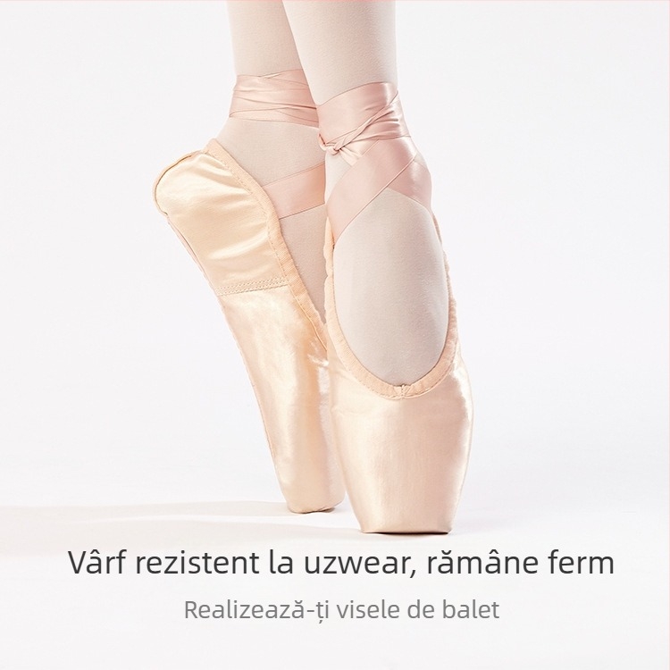 Pantofi de balet pentru fete — ușori, rezistenți la uzură, absorb transpirația; talpă din carton embosat; destinați baletului.